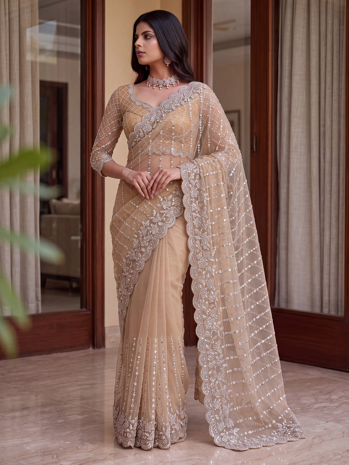 Charming Cream Sequins Work Net Party Wear Saree With Blouse