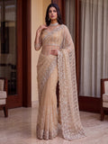 Charming Cream Sequins Work Net Party Wear Saree With Blouse
