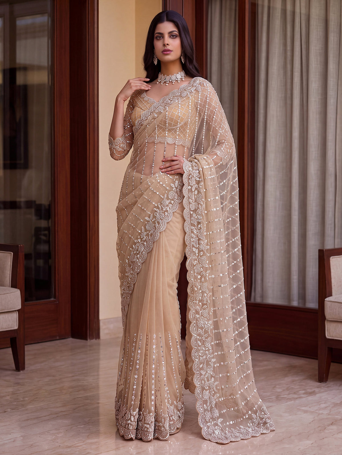 Charming Cream Sequins Work Net Party Wear Saree With Blouse