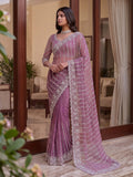 Enchanting Mauve Beads Work Net Wedding Wear Saree With Blouse