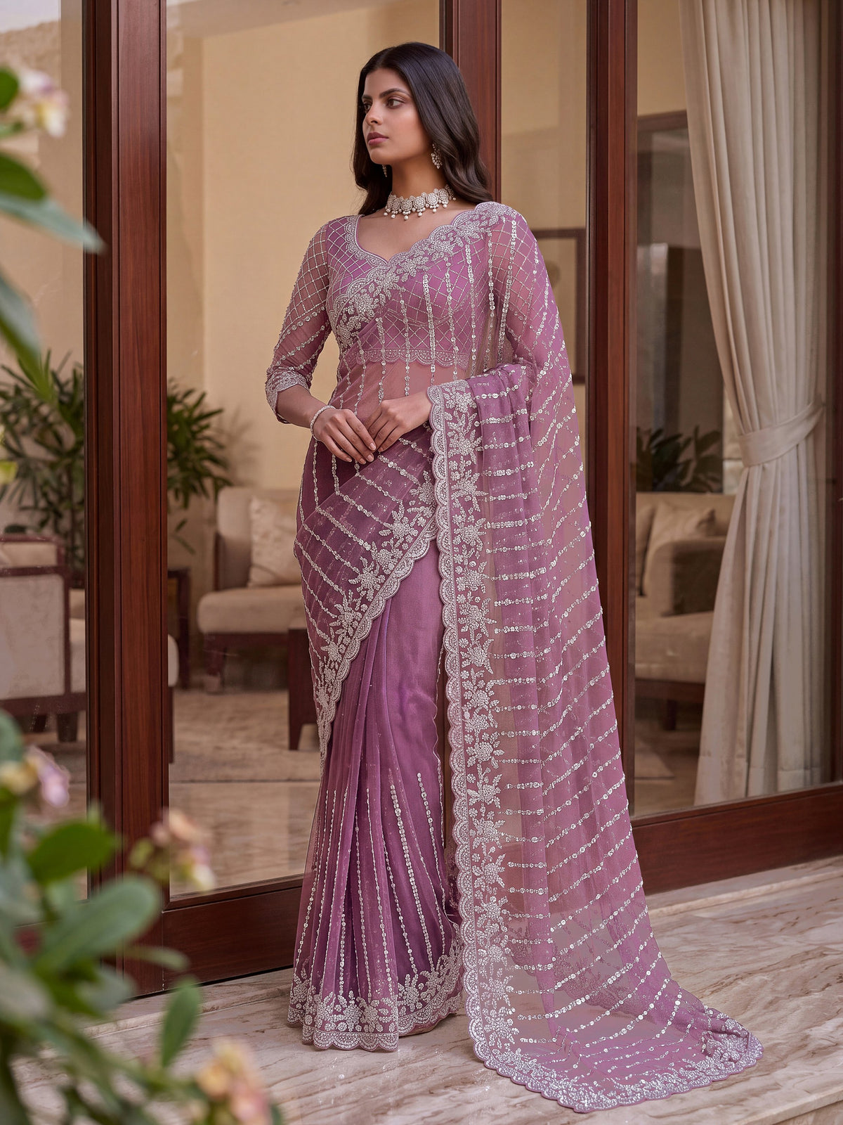 Enchanting Mauve Beads Work Net Wedding Wear Saree With Blouse