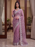 Enchanting Mauve Beads Work Net Wedding Wear Saree With Blouse