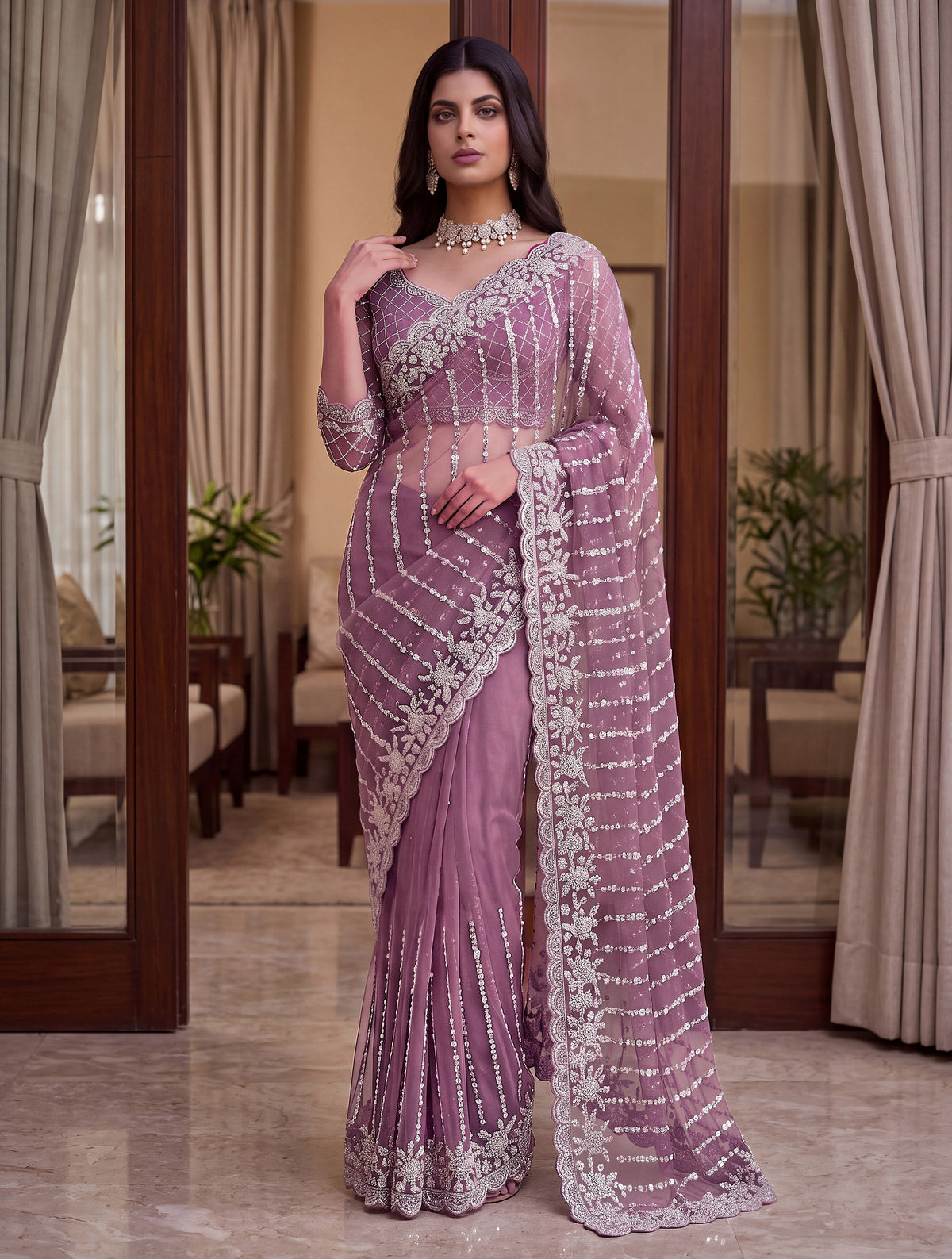 Enchanting Mauve Beads Work Net Wedding Wear Saree With Blouse