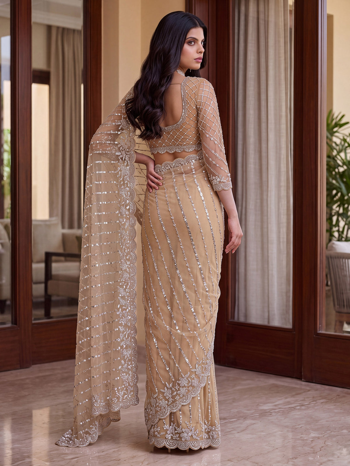 Charming Cream Sequins Work Net Party Wear Saree With Blouse