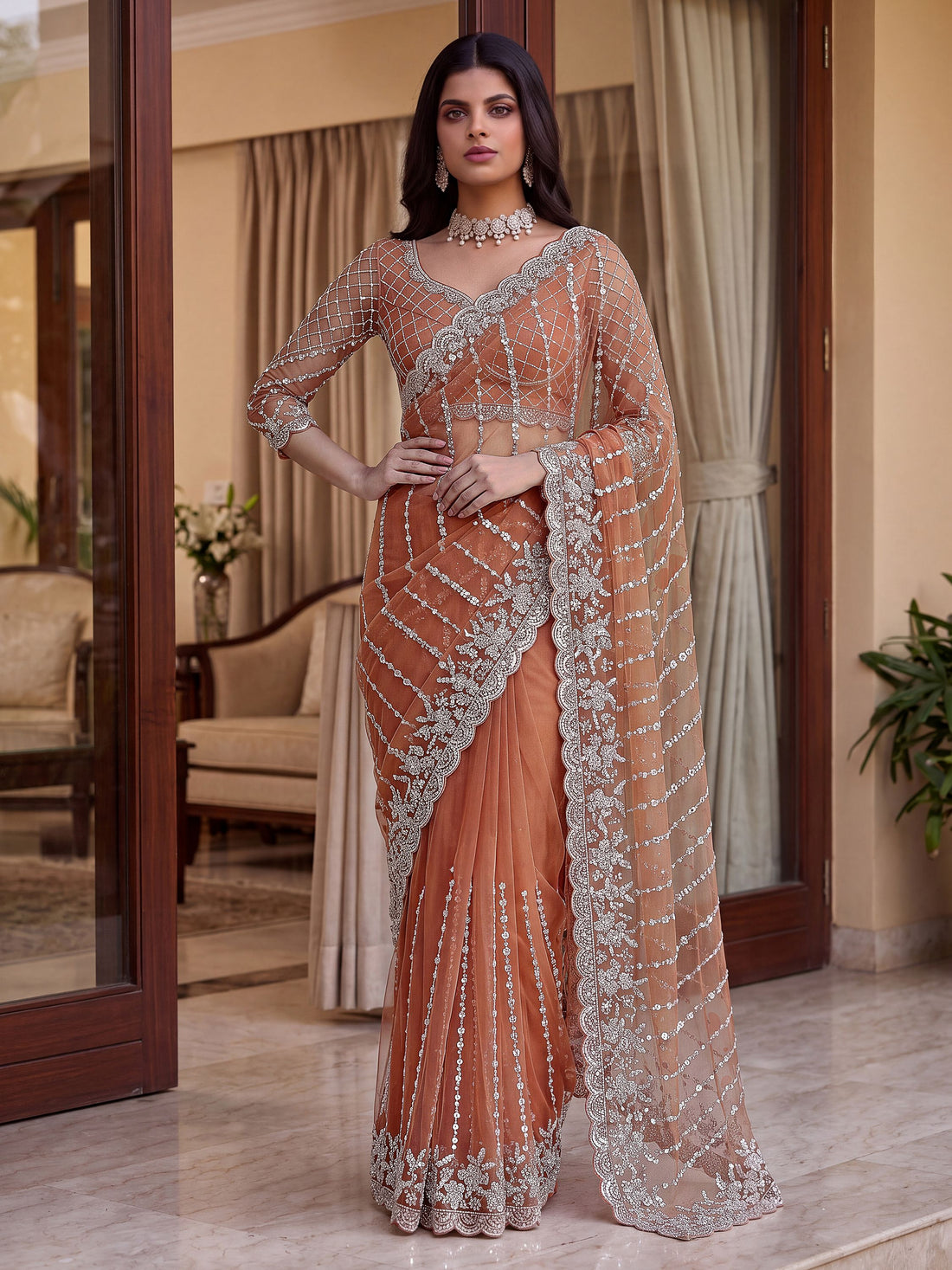Attractive Peach Pearl Work Net Event Wear Saree With Blouse