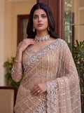 Charming Cream Sequins Work Net Party Wear Saree With Blouse
