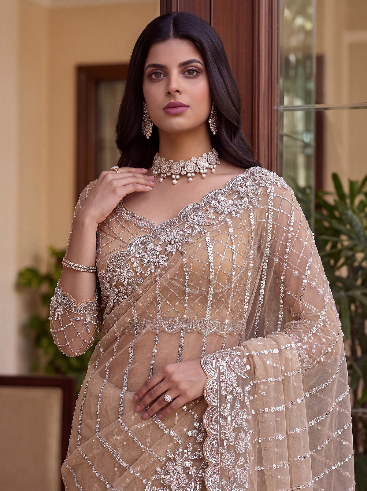 Charming Cream Sequins Work Net Party Wear Saree With Blouse