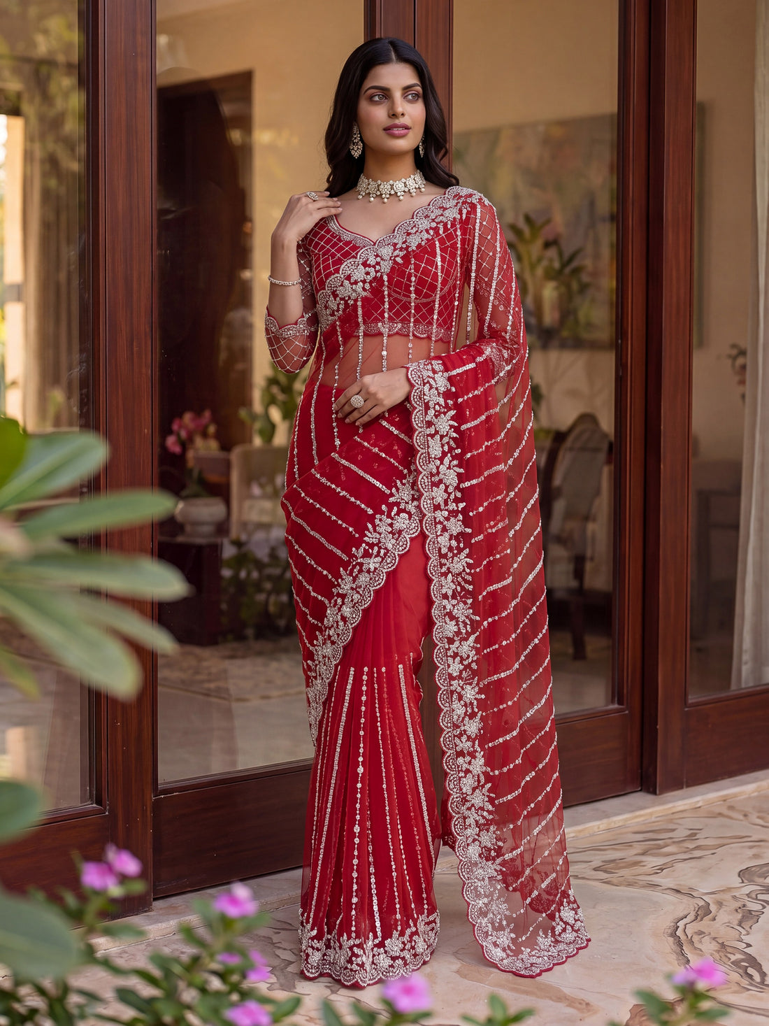 Magnificent Red Sequins Work Net Party Wear Saree With Blouse