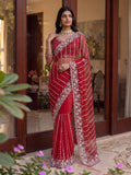 Magnificent Red Sequins Work Net Party Wear Saree With Blouse