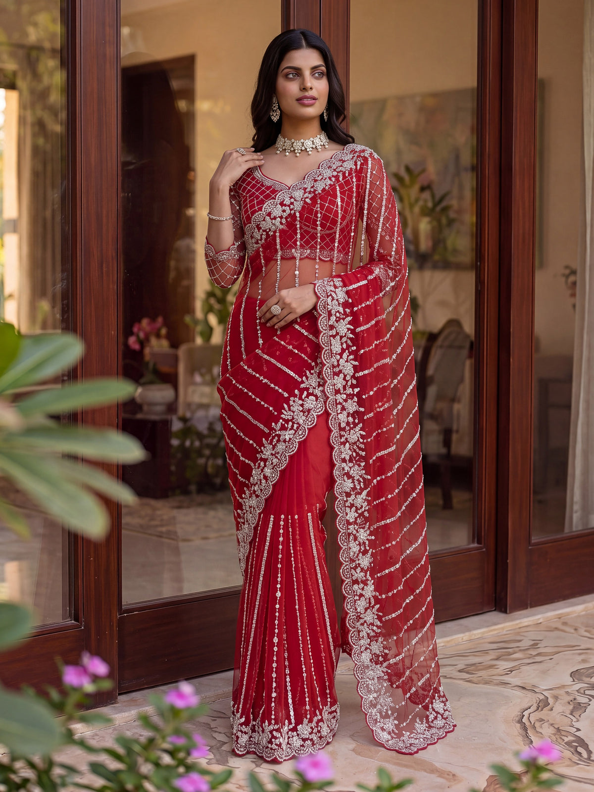 Magnificent Red Sequins Work Net Party Wear Saree With Blouse