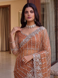 Attractive Peach Pearl Work Net Event Wear Saree With Blouse