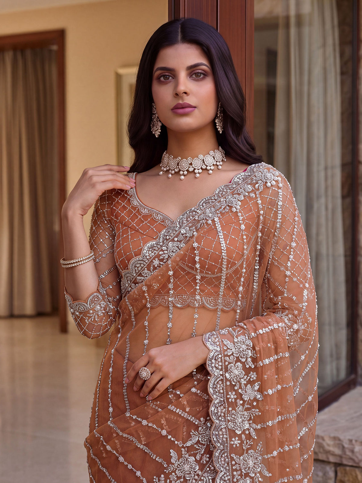 Attractive Peach Pearl Work Net Event Wear Saree With Blouse