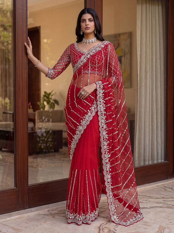 Magnificent Red Sequins Work Net Party Wear Saree With Blouse