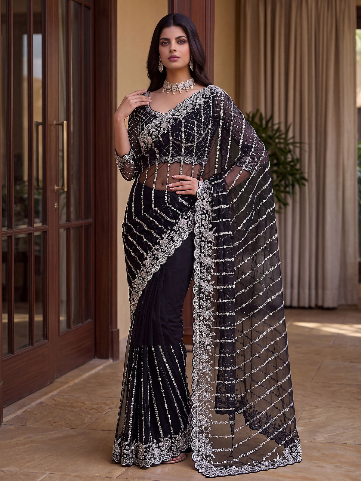 Glamorous Black Beads Work Net Party Wear Saree With Blouse
