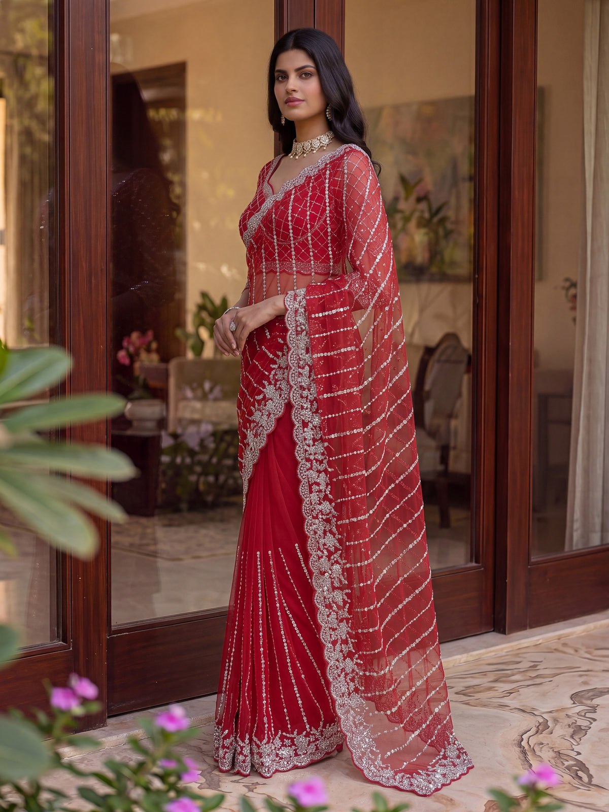Magnificent Red Sequins Work Net Party Wear Saree With Blouse