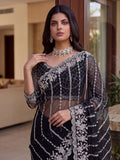 Glamorous Black Beads Work Net Party Wear Saree With Blouse