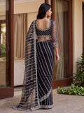 Glamorous Black Beads Work Net Party Wear Saree With Blouse
