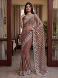 Captivating Brown Beads Work Net Party Wear Saree With Blouse
