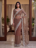 Captivating Brown Beads Work Net Party Wear Saree With Blouse