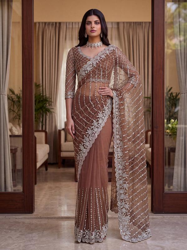 Captivating Brown Beads Work Net Party Wear Saree With Blouse