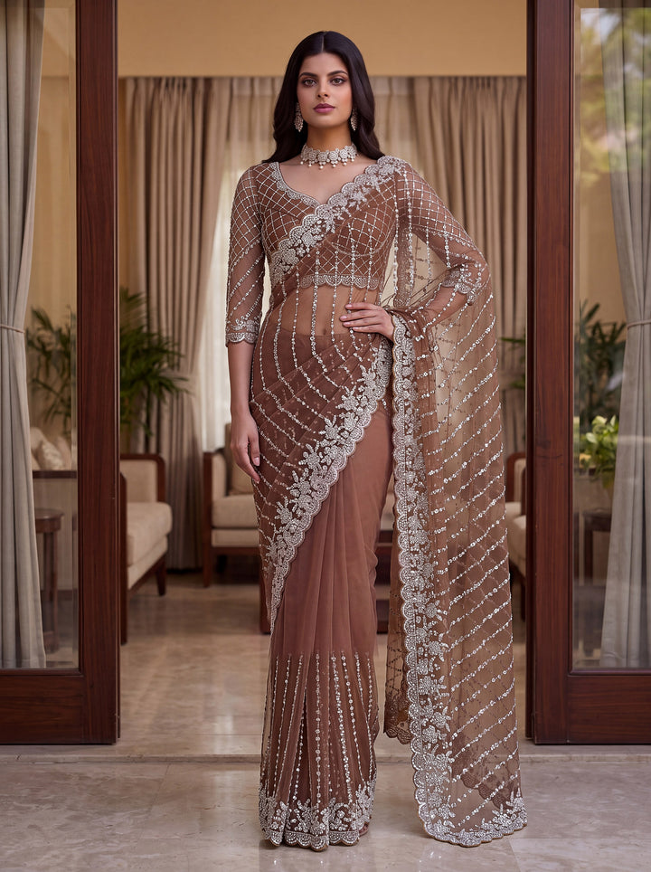 Captivating Brown Beads Work Net Party Wear Saree With Blouse