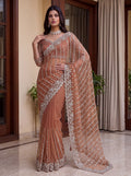 Attractive Peach Pearl Work Net Event Wear Saree With Blouse