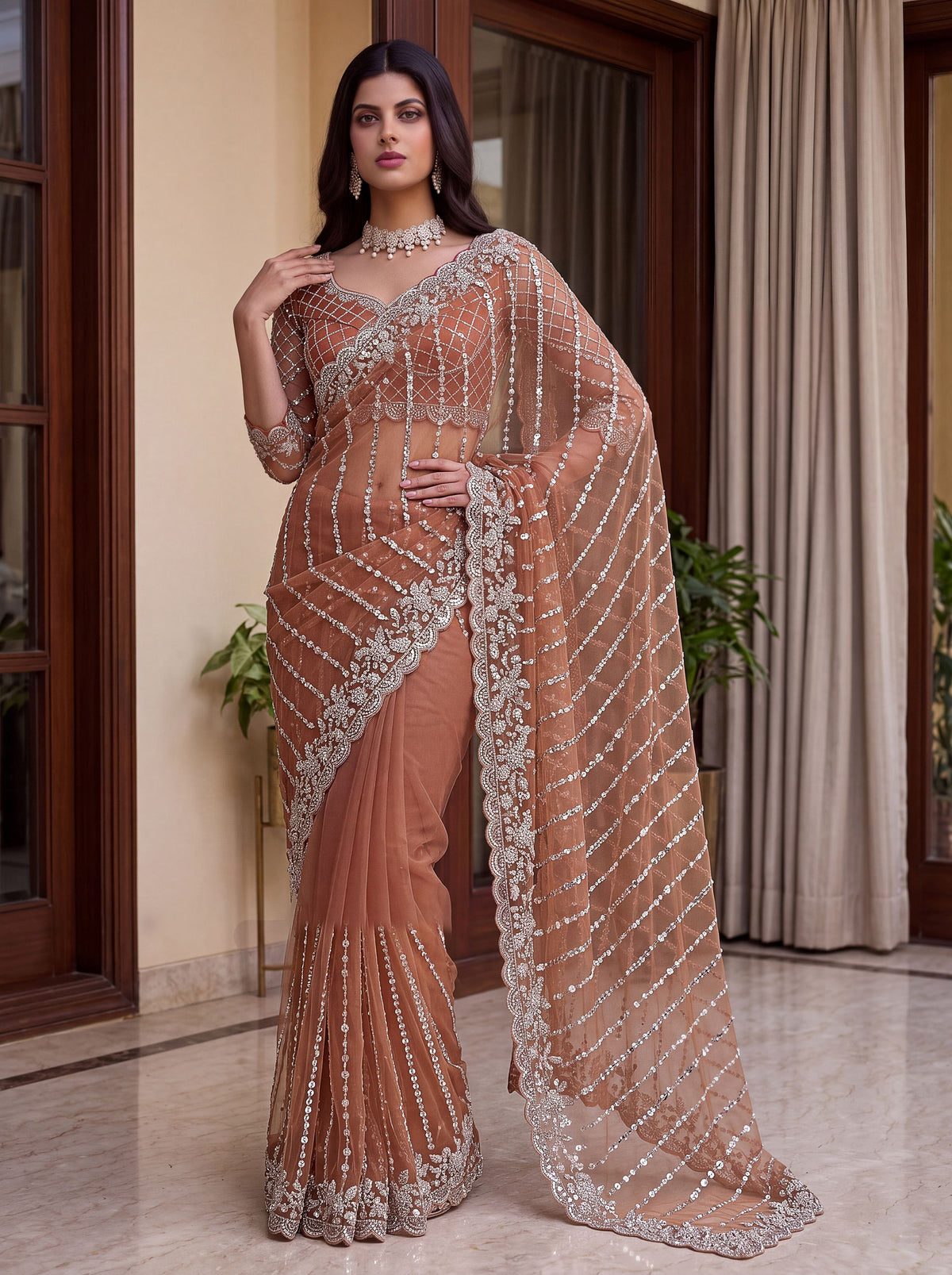 Attractive Peach Pearl Work Net Event Wear Saree With Blouse