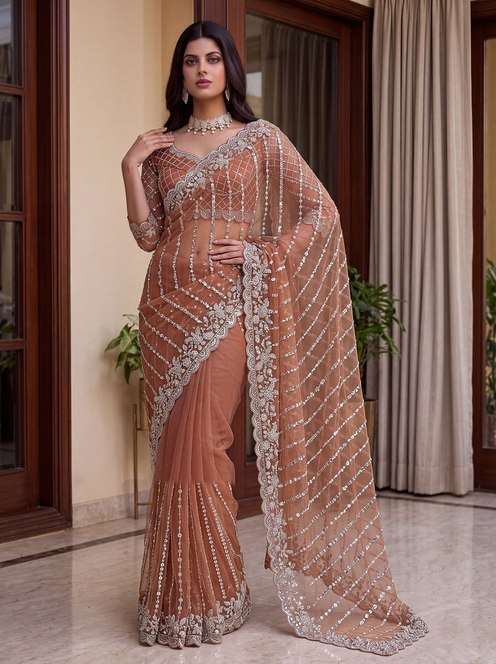 Attractive Peach Pearl Work Net Event Wear Saree With Blouse