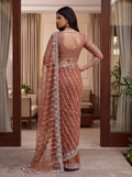 Attractive Peach Pearl Work Net Event Wear Saree With Blouse