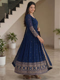 Terrific Navy Blue Embroidered Silk Festive Wear Gown With Dupatta