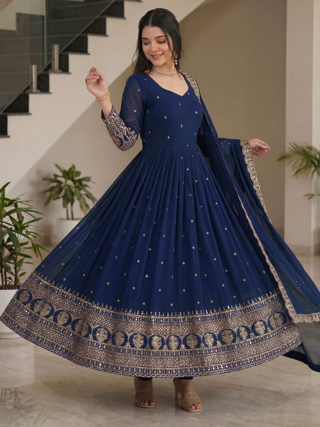Terrific Navy Blue Embroidered Silk Festive Wear Gown With Dupatta