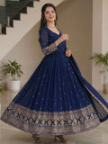 Terrific Navy Blue Embroidered Silk Festive Wear Gown With Dupatta