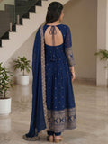 Terrific Navy Blue Embroidered Silk Festive Wear Gown With Dupatta