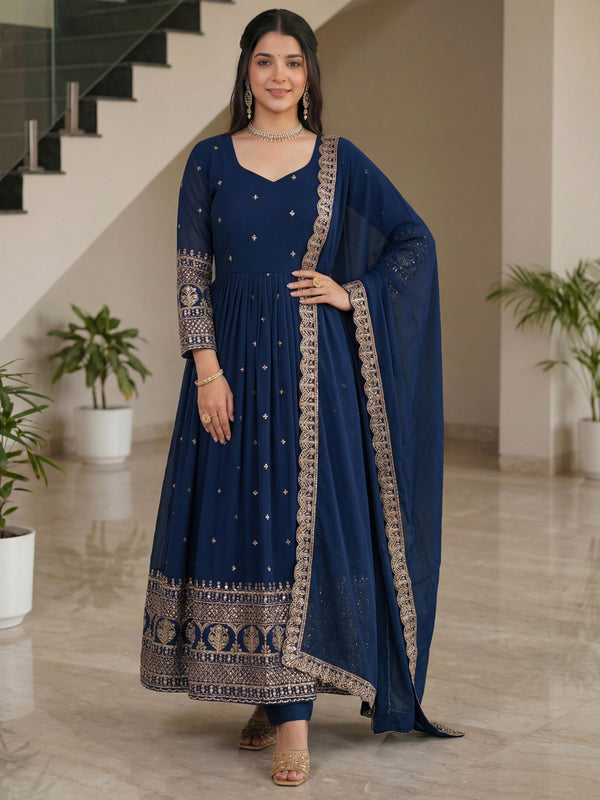 Terrific Navy Blue Embroidered Silk Festive Wear Gown With Dupatta