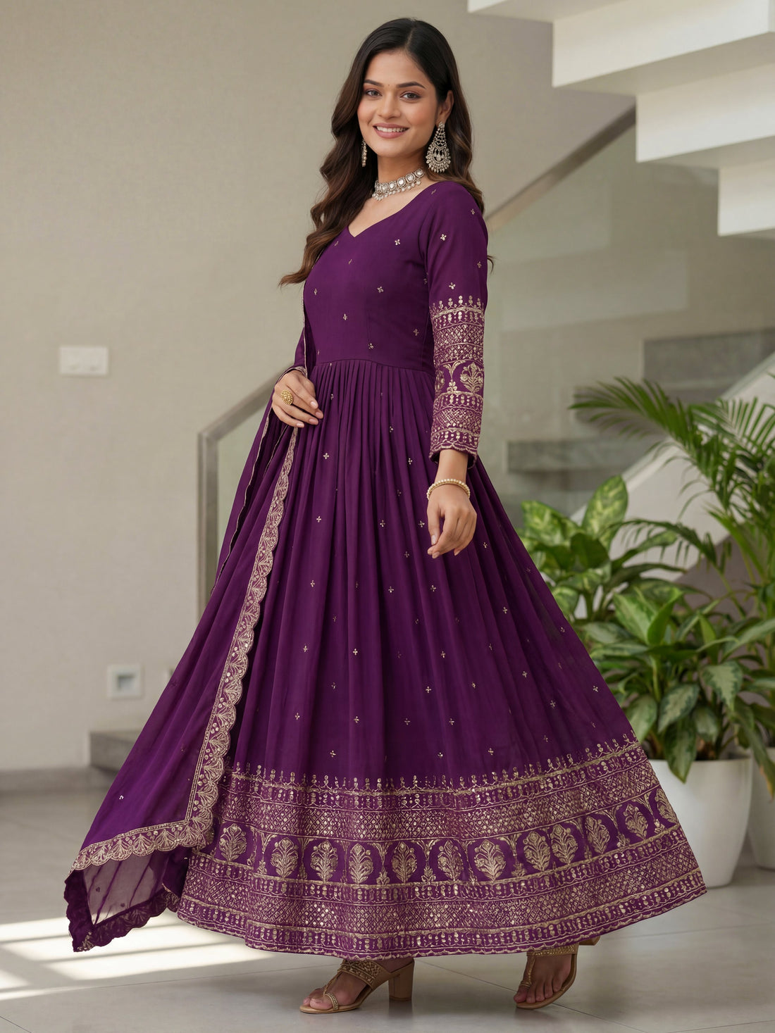 Stunning Purple Sequins Embroidery Silk Wedding Wear Gown With Dupatta