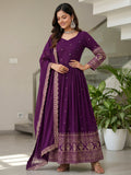 Stunning Purple Sequins Embroidery Silk Wedding Wear Gown With Dupatta