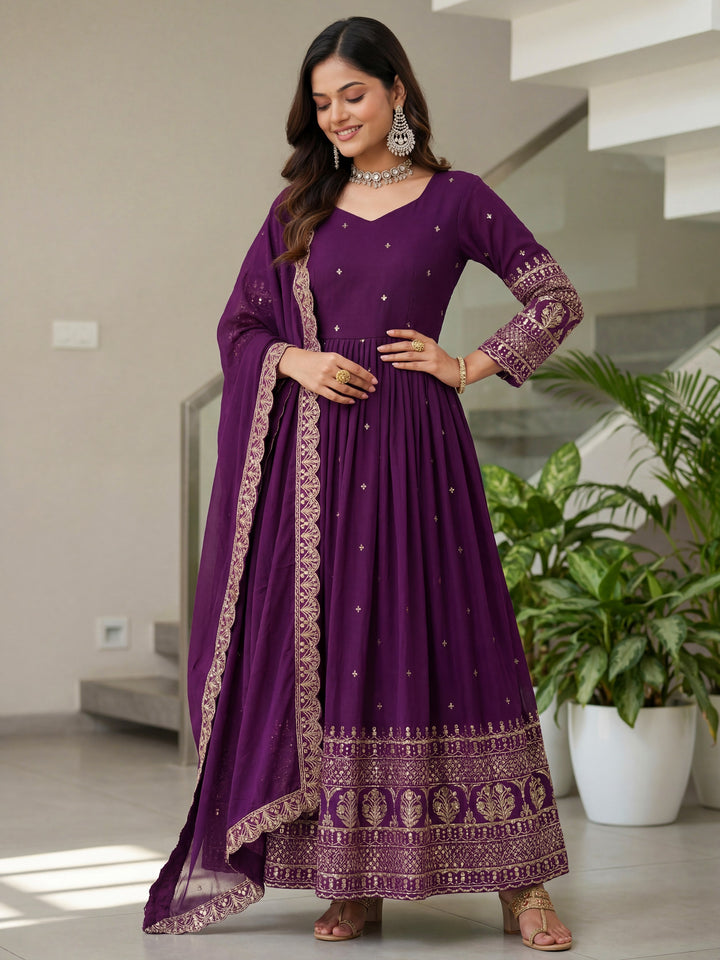 Stunning Purple Sequins Embroidery Silk Wedding Wear Gown With Dupatta