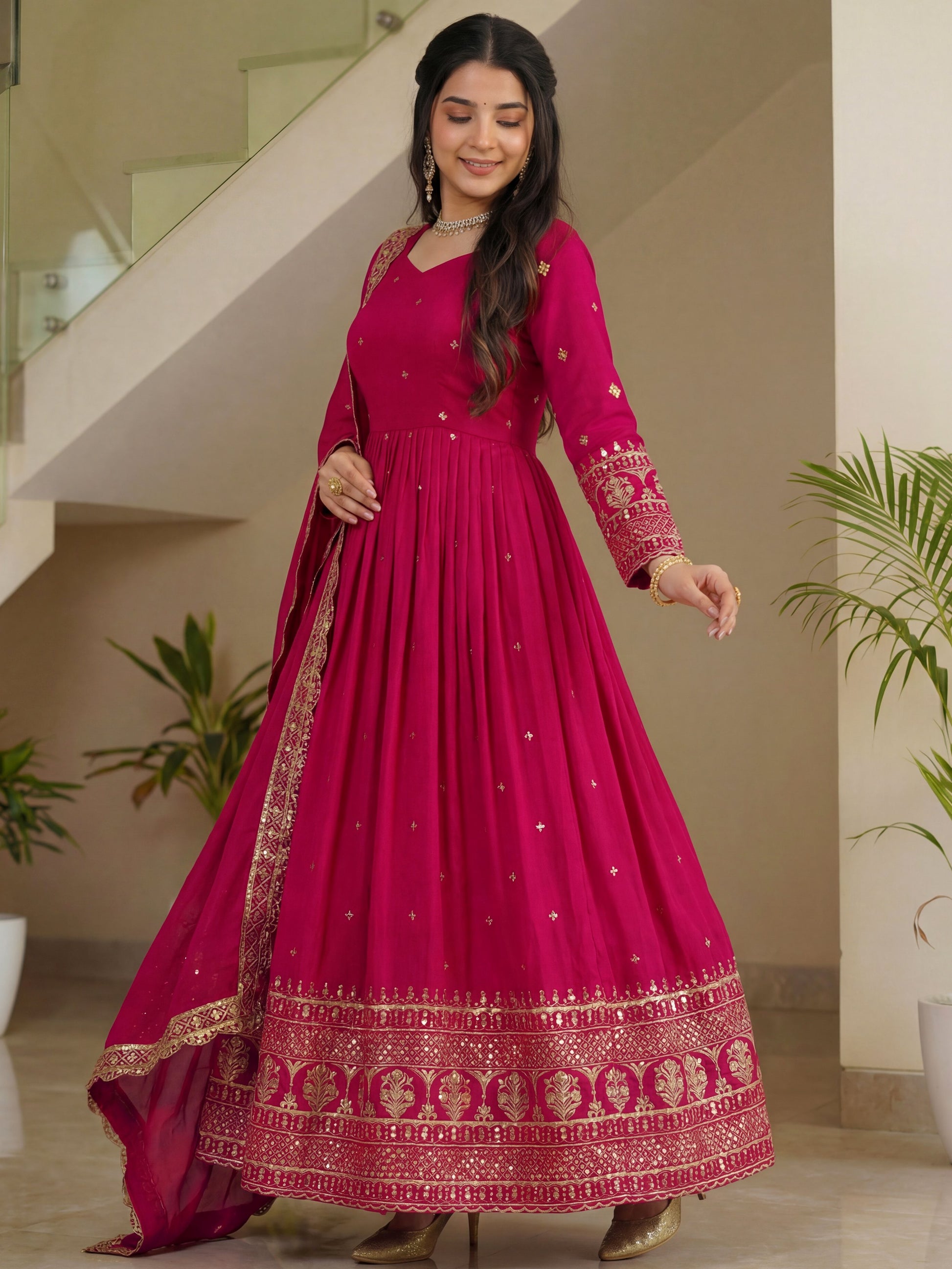 Amazeballs Pink Zari Embroidery Silk Engagement Wear Gown With Dupatta