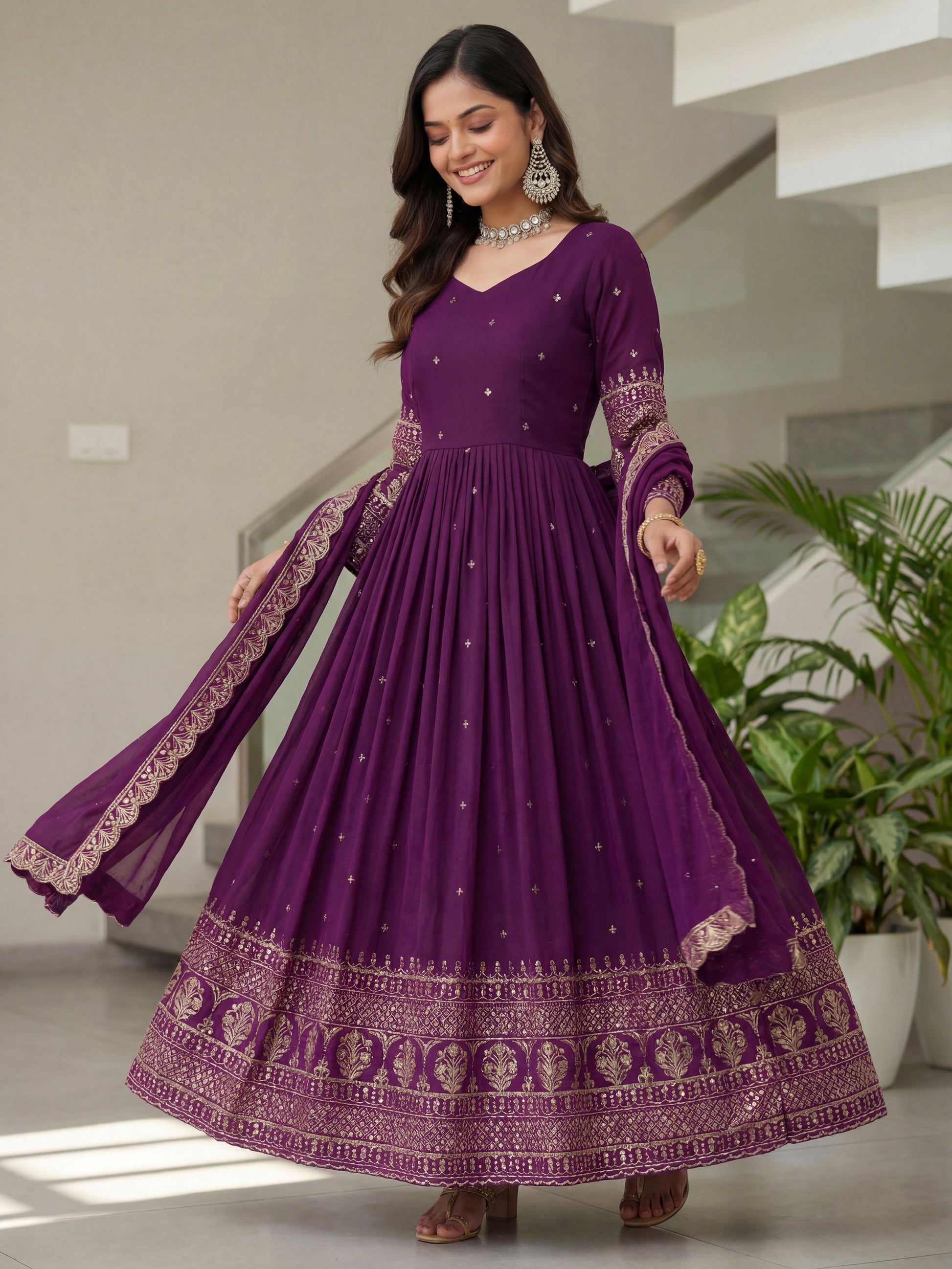 Stunning Purple Sequins Embroidery Silk Wedding Wear Gown With Dupatta