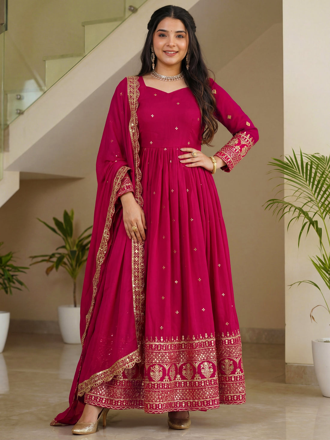 Amazeballs Pink Zari Embroidery Silk Engagement Wear Gown With Dupatta