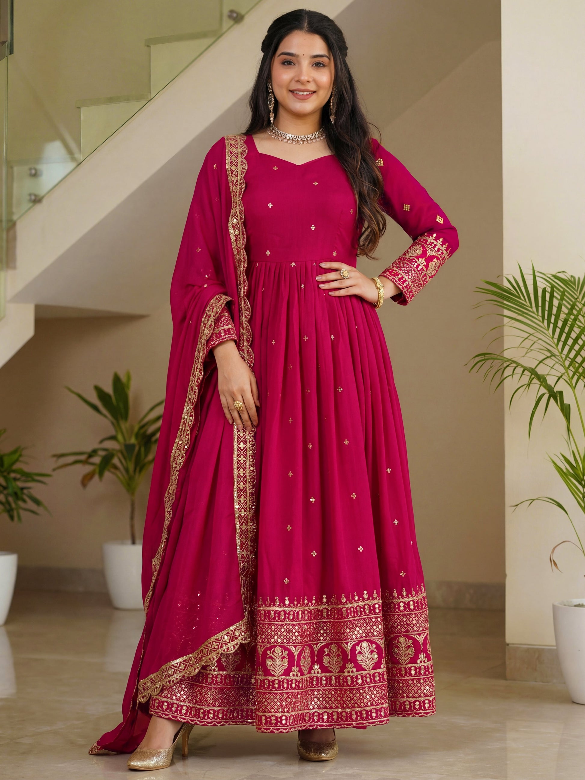 Amazeballs Pink Zari Embroidery Silk Engagement Wear Gown With Dupatta