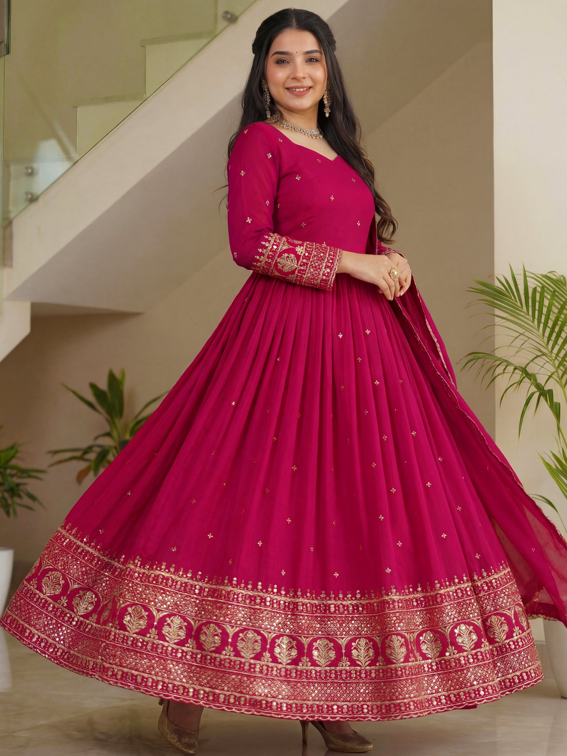 Amazeballs Pink Zari Embroidery Silk Engagement Wear Gown With Dupatta