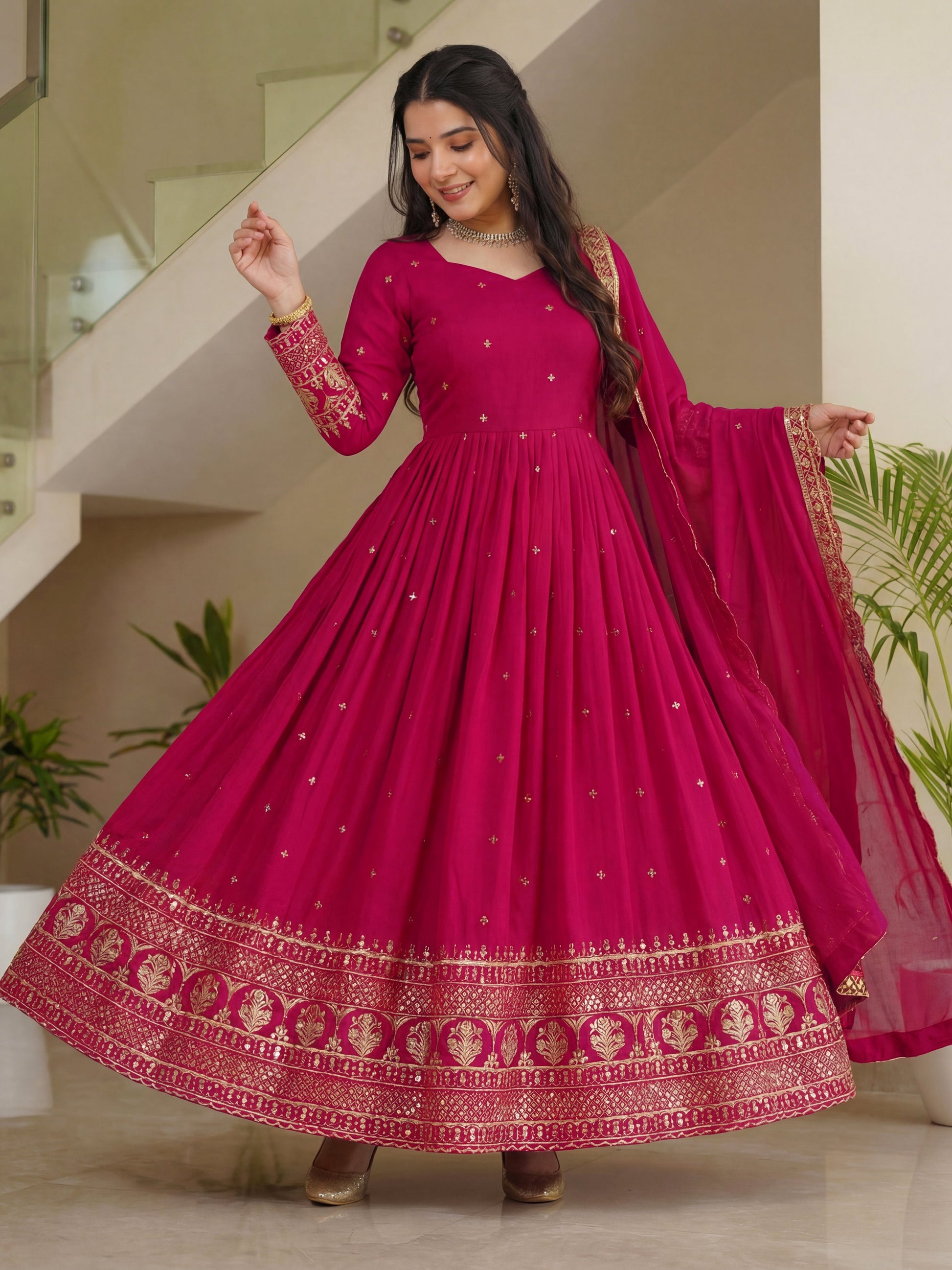 Amazeballs Pink Zari Embroidery Silk Engagement Wear Gown With Dupatta