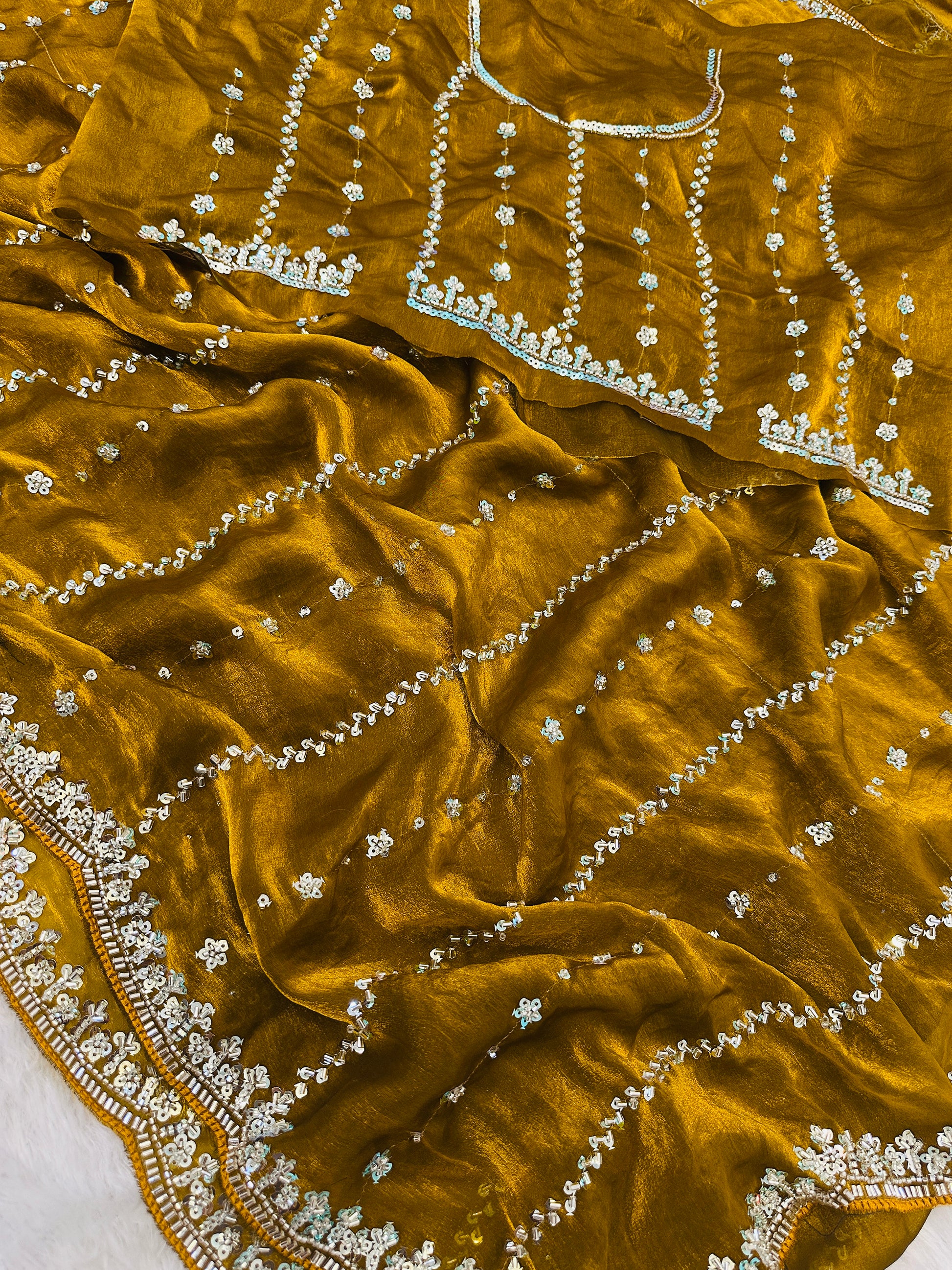 Graceful Yellow Sequins Satin Festival Wear Saree With Blouse
