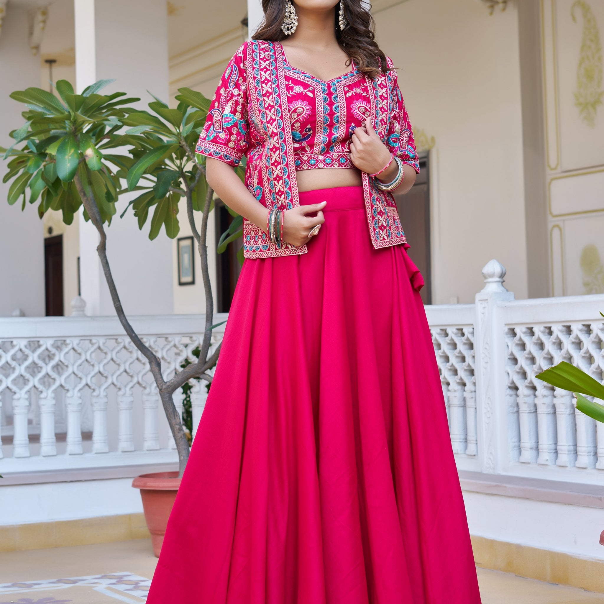 Amazing Rani Pink Embroidered Silk Function Wear Lehenga Choli With Jacket