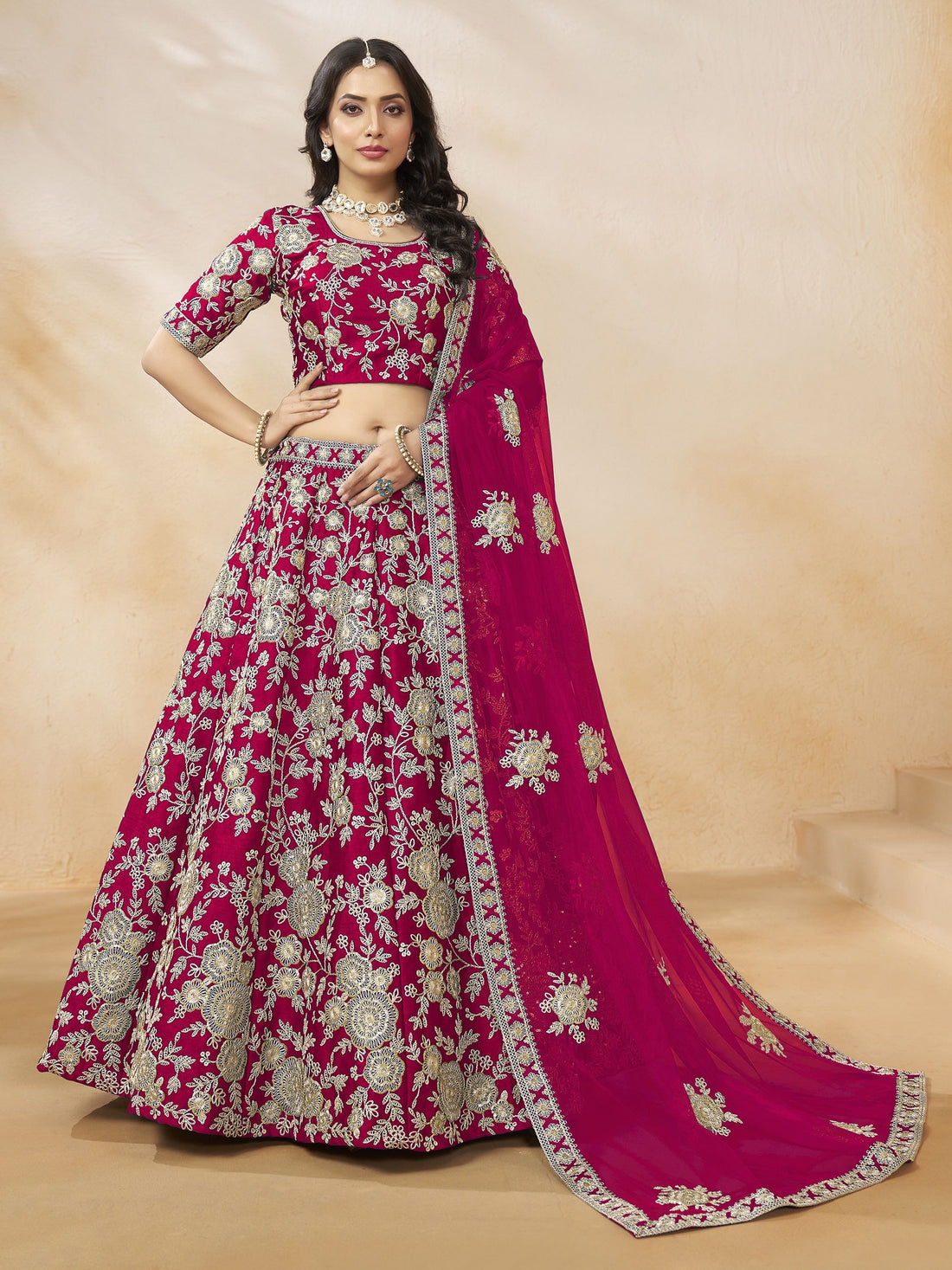 Outstanding Hot Pink Dori Embroidery Silk Engagement Wear Lehenga Choli
