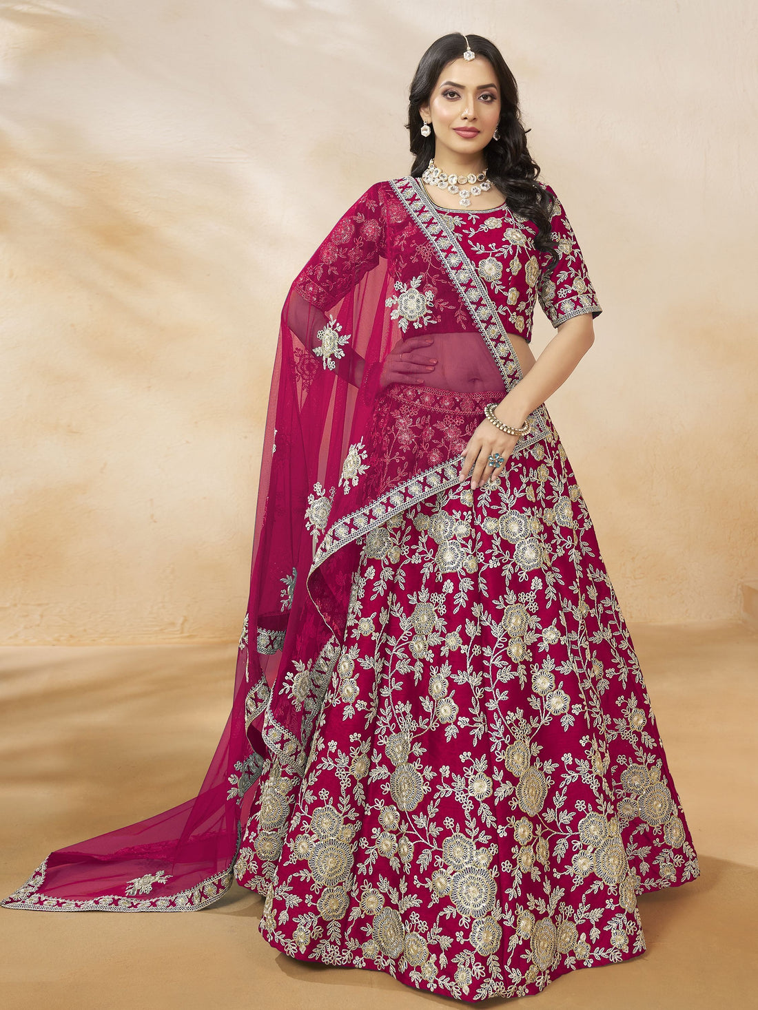 Outstanding Hot Pink Dori Embroidery Silk Engagement Wear Lehenga Choli