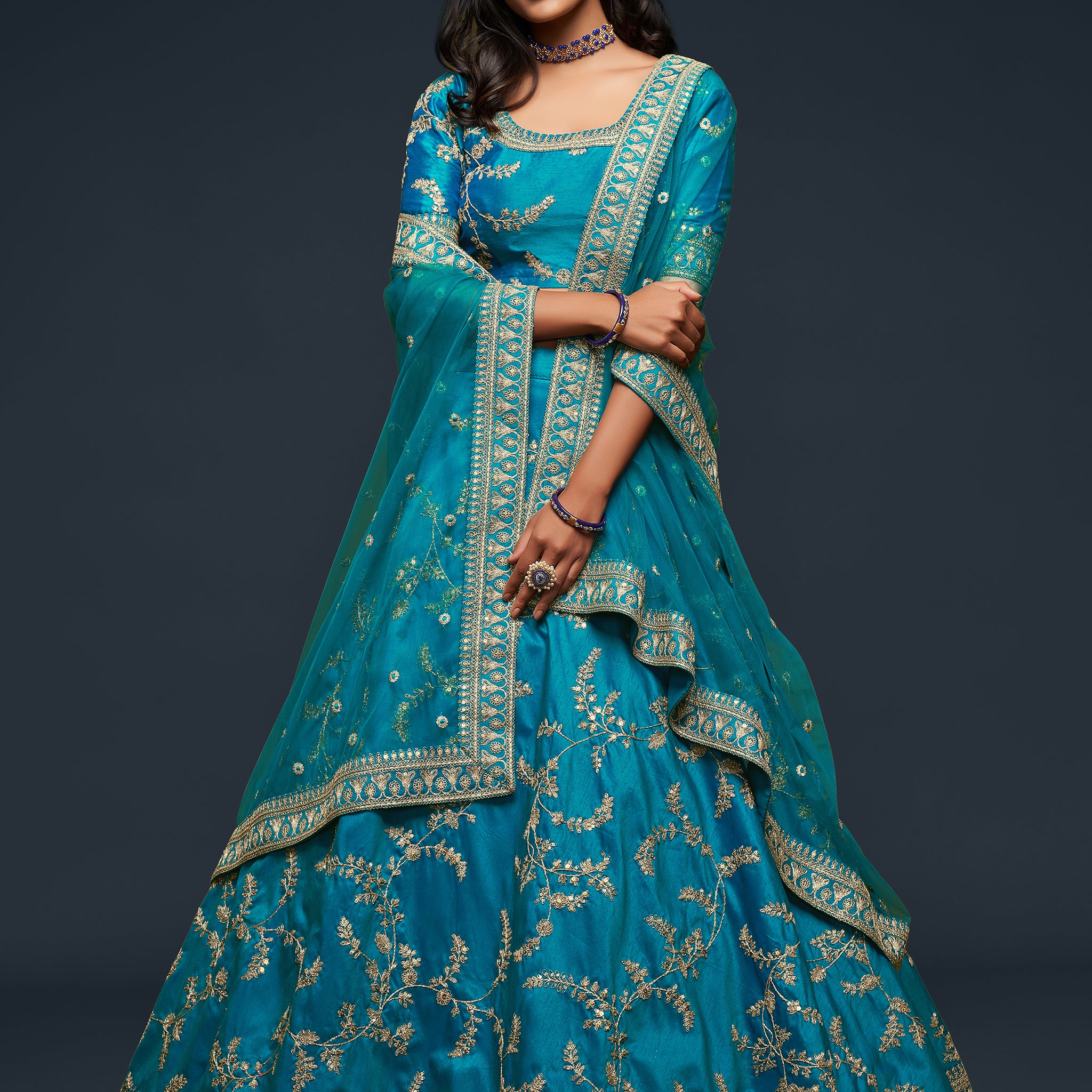 Pleasant Teal Blue Thread Embroidery Art Silk Wedding Lehenga Choli