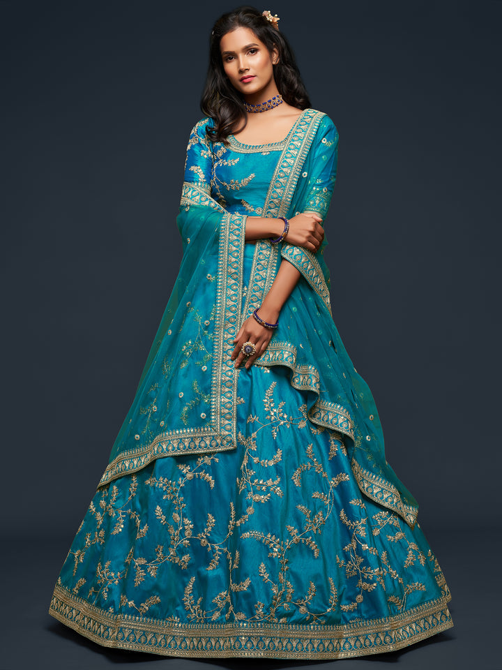 Pleasant Teal Blue Thread Embroidery Art Silk Wedding Lehenga Choli