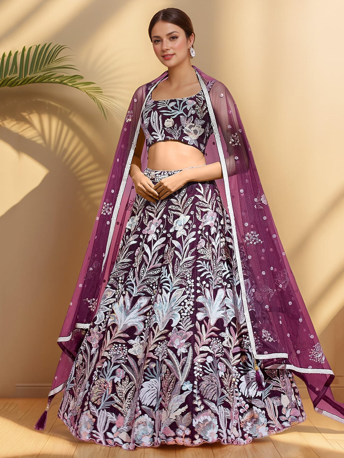 Glamorous Wine Sequins Net Reception Wear Lehenga Choli With Dupatta